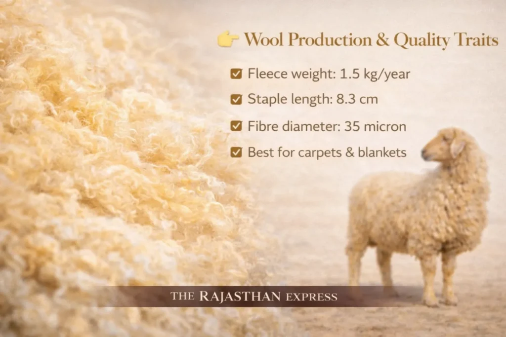 Nali sheep wool production and quality traits showing fleece weight 1.5 kg per year, staple length 8.3 cm, fiber diameter 35 micron, ideal for carpets and blankets.