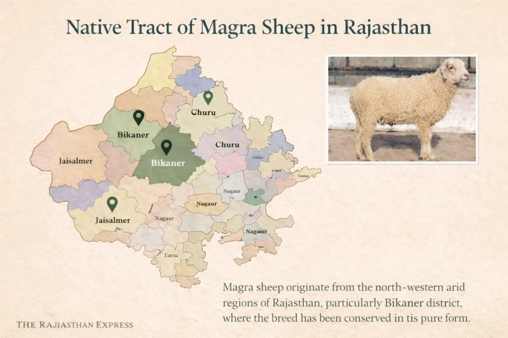 Map showing native tract of Magra sheep in Rajasthan covering Bikaner, Churu, Jaisalmer, and Nagaur districts where the breed is conserved in pure form.