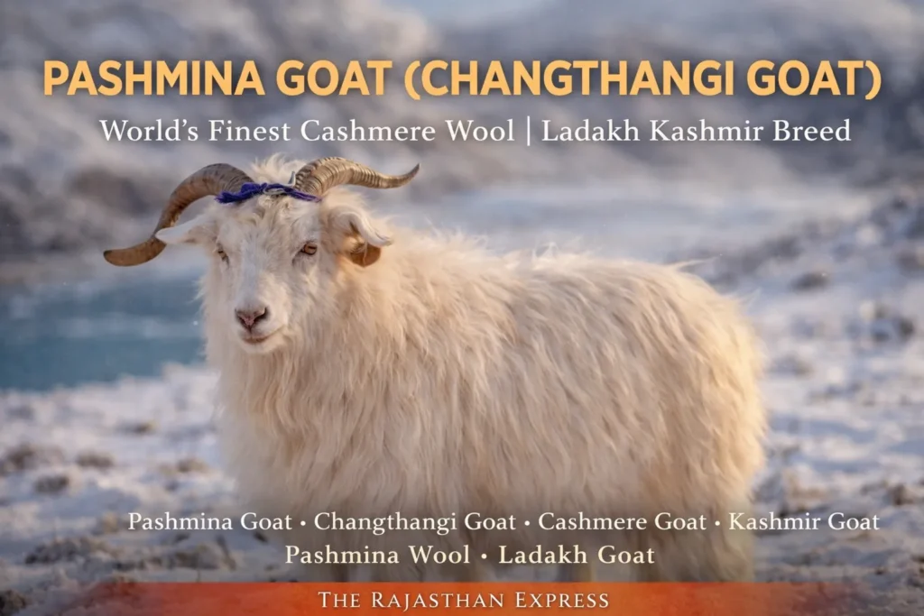 A pure Pashmina goat (Changthangi goat) standing in Ladakh, known as the world's finest cashmere wool breed.