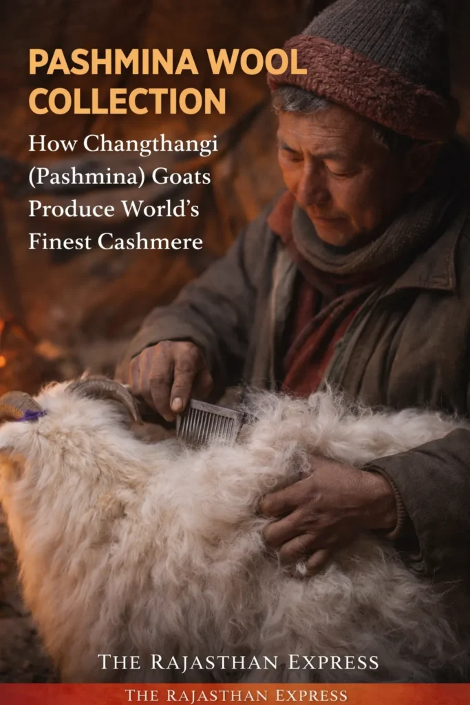 Hand collecting fine Pashmina wool from a Changthangi goat in Ladakh, showing the traditional harvesting process.