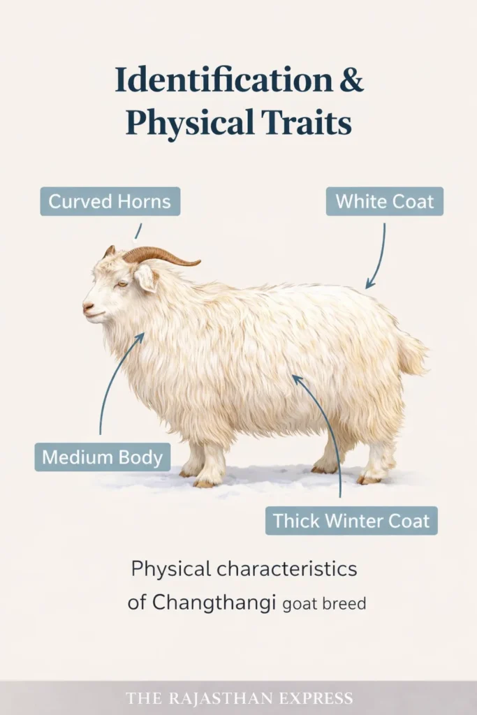 Illustration showing physical characteristics of Changthangi goat breed including curved horns, white coat, medium body, and thick winter coat.