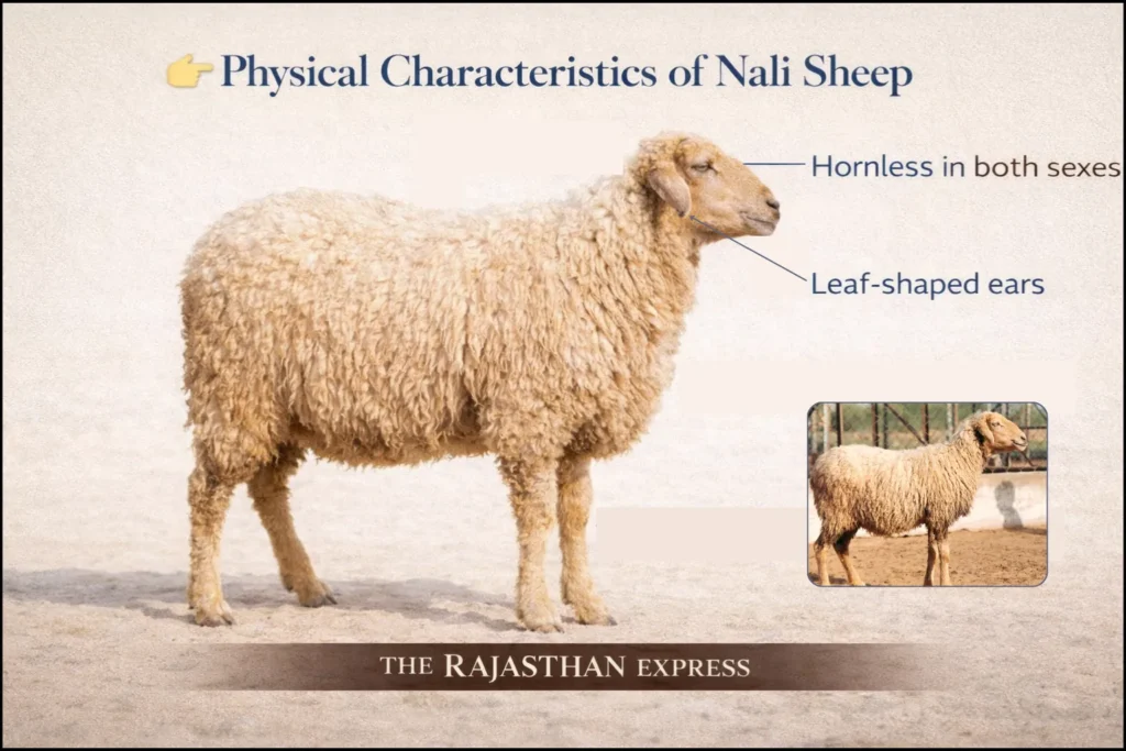 Physical characteristics of Nali sheep showing hornless head in both sexes, distinctive leaf-shaped ears, and long coarse fleece characteristic of the breed.