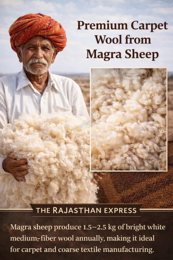 Premium carpet wool from Magra sheep showing bright white medium-grade fiber with annual production of 1.5 to 2.5 kg for carpet and textile manufacturing.