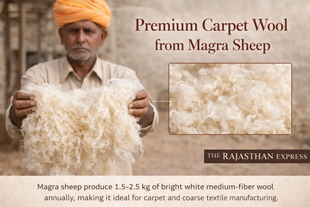 Premium carpet wool from Magra sheep showing bright white medium-grade fiber with annual production of 1.5 to 2.5 kg for carpet and textile manufacturing.