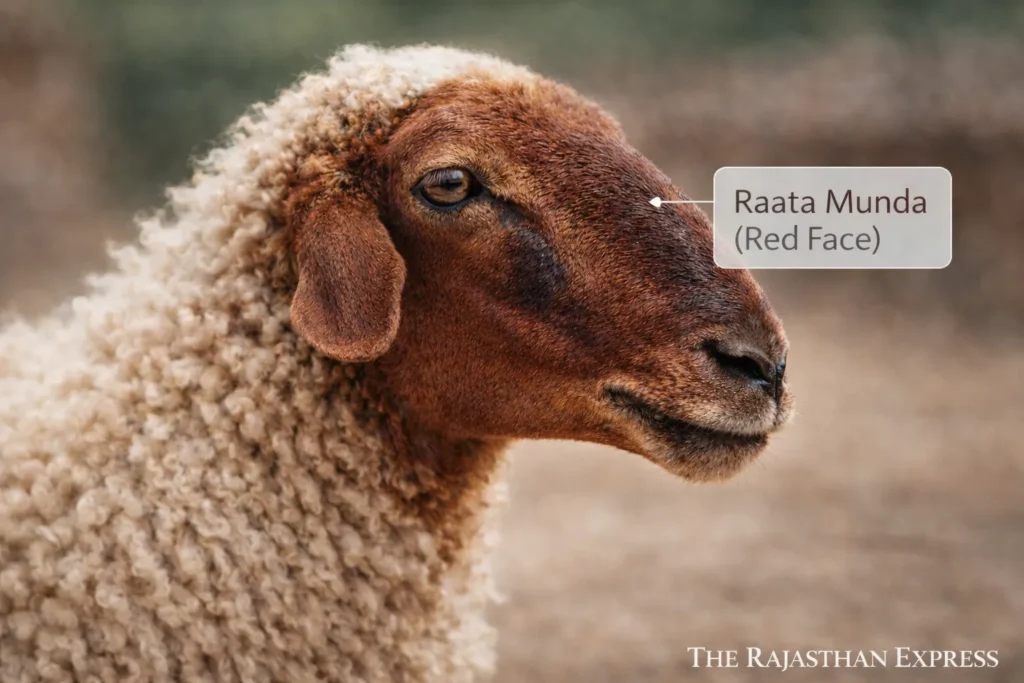Raata Munda (Red Face) characteristic of Chokla sheep breed from Rajasthan, showing distinctive reddish-brown facial coloration that gives the breed its local name. Raata Munda (Red Face) Chokla sheep showing distinctive reddish facial coloration that gives the breed its traditional local name in Rajasthan.
