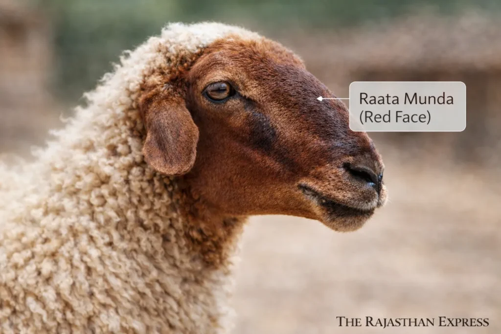 Raata Munda (Red Face) characteristic of Chokla sheep breed from Rajasthan, showing distinctive reddish-brown facial coloration that gives the breed its local name.