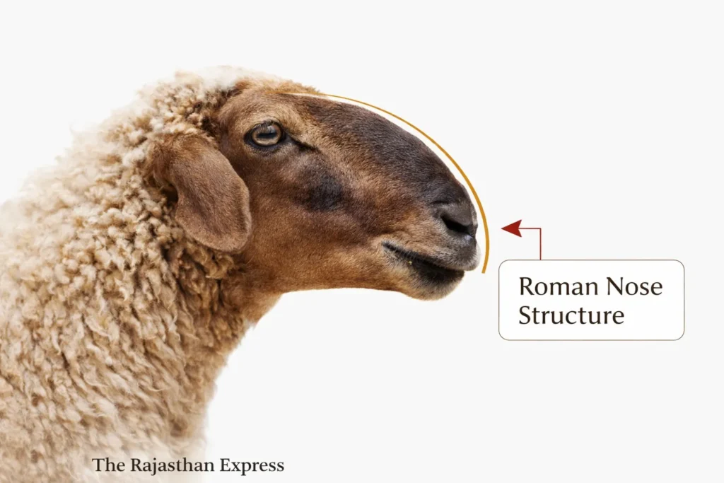 Roman nose structure of Chokla sheep showing distinctive convex facial profile characteristic of the Raata Munda breed.