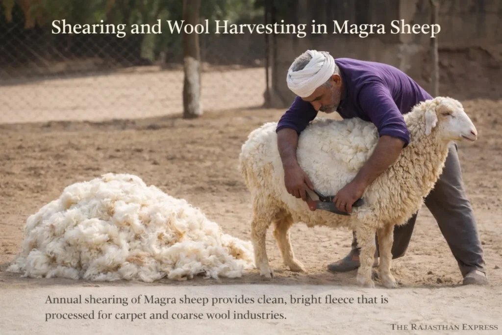 Annual shearing and wool harvesting in Magra sheep showing clean bright fleece collection processed for carpet and coarse wool industries in Rajasthan.