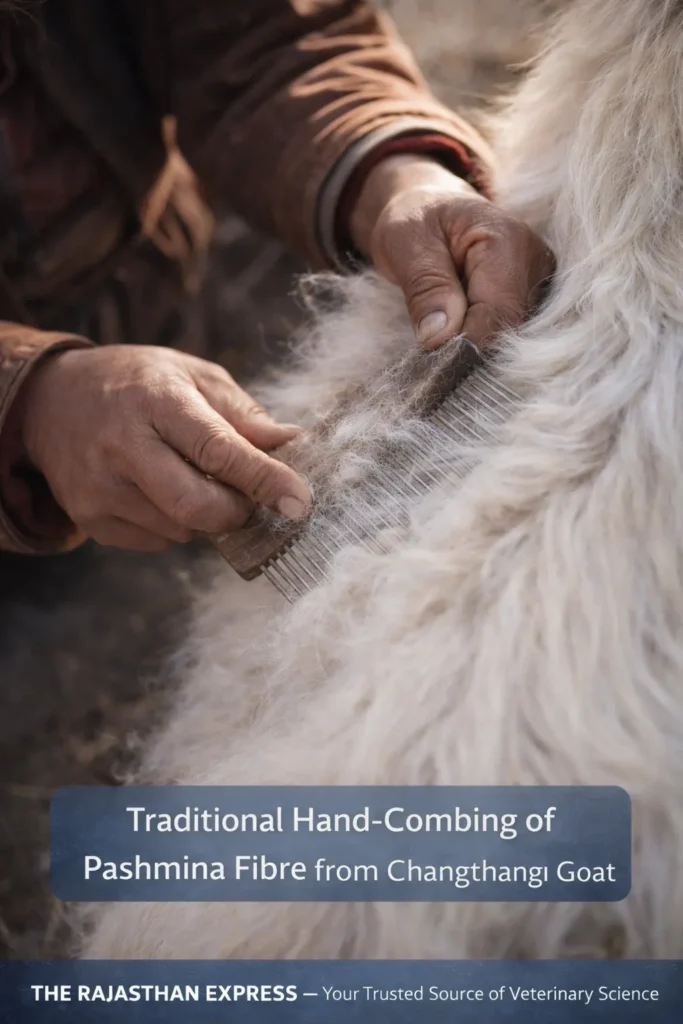 Traditional hand-combing of soft Pashmina fibre from a Changthangi goat in Ladakh, showing the careful harvesting technique.