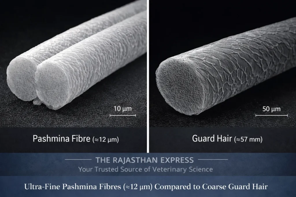 Microscopic comparison showing ultra-fine Pashmina fibres measuring approximately 12 micrometers compared to coarse guard hair at 57 micrometers from the Changthangi goat.