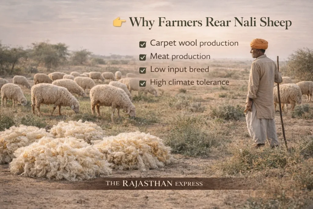 Why farmers rear Nali sheep showing four key benefits: carpet wool production, meat production, low input breed characteristics, and high climate tolerance.