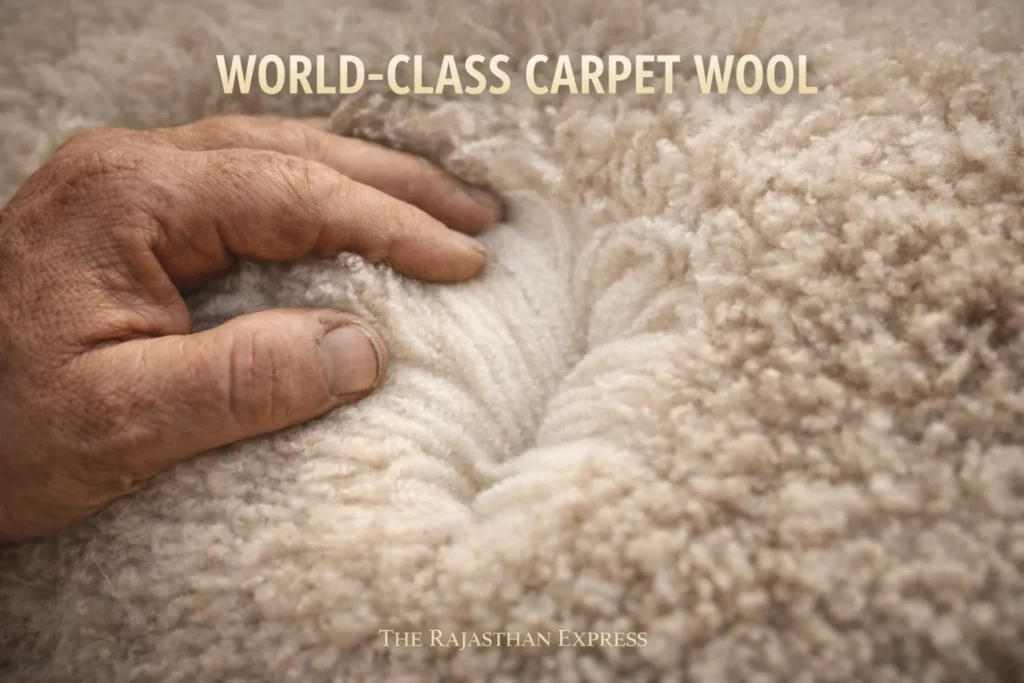World-class carpet wool produced by Chokla sheep showing premium quality fleece suitable for international luxury carpet manufacturing.