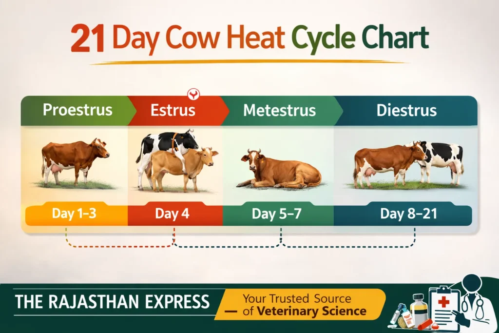 21 day cow heat cycle chart showing proestrus days 1-3, estrus on day 4, metestrus days 5-7, and diestrus days 8-21 with timeline visualization.