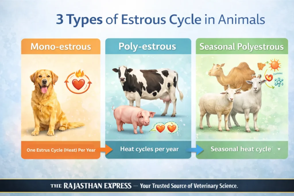 Comparison of three types of estrous cycle in animals showing monoestrous with one heat cycle per year, polyestrous with multiple cycles per year, and seasonal polyestrous with seasonal heat cycles.