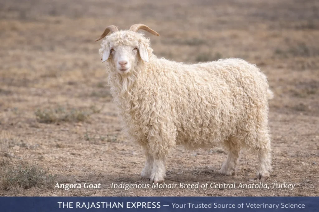 Angora goat as indigenous mohair breed of Central Anatolia, Turkey, showing the original homeland of this premium fiber-producing goat breed from Ankara region.