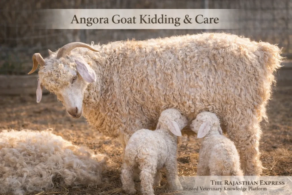 Angora goat kidding and maternal care showing mother with newborn kids, essential management practices for healthy mohair production and kid survival.