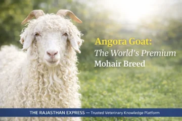 Angora goat standing as the world's premium mohair breed, showcasing dense lustrous fleece characteristic of this premier fiber-producing goat.