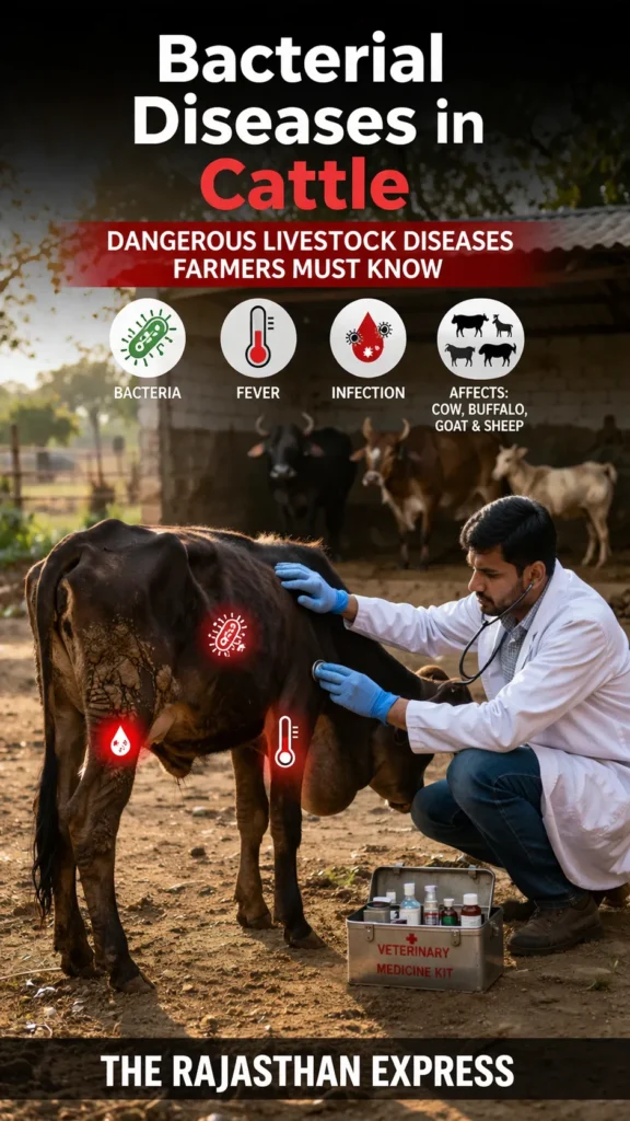 Bacterial disease in cattle warning graphic showing bacteria, fever, and infection affecting cow, buffalo, goat, and sheep – dangerous livestock diseases farmers must know.