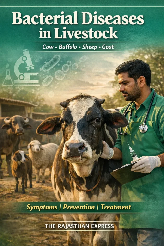 Bacterial diseases in livestock affecting cow, buffalo, sheep, and goat with sections on symptoms, prevention, and treatment for each animal.