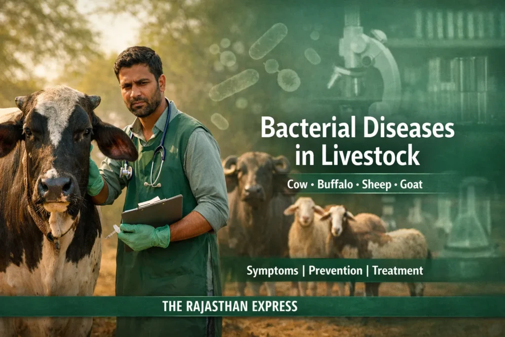 Bacterial diseases in livestock affecting cow, buffalo, sheep, and goat with sections on symptoms, prevention, and treatment for each animal.