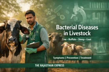 Bacterial diseases in livestock affecting cow, buffalo, sheep, and goat with sections on symptoms, prevention, and treatment for each animal.
