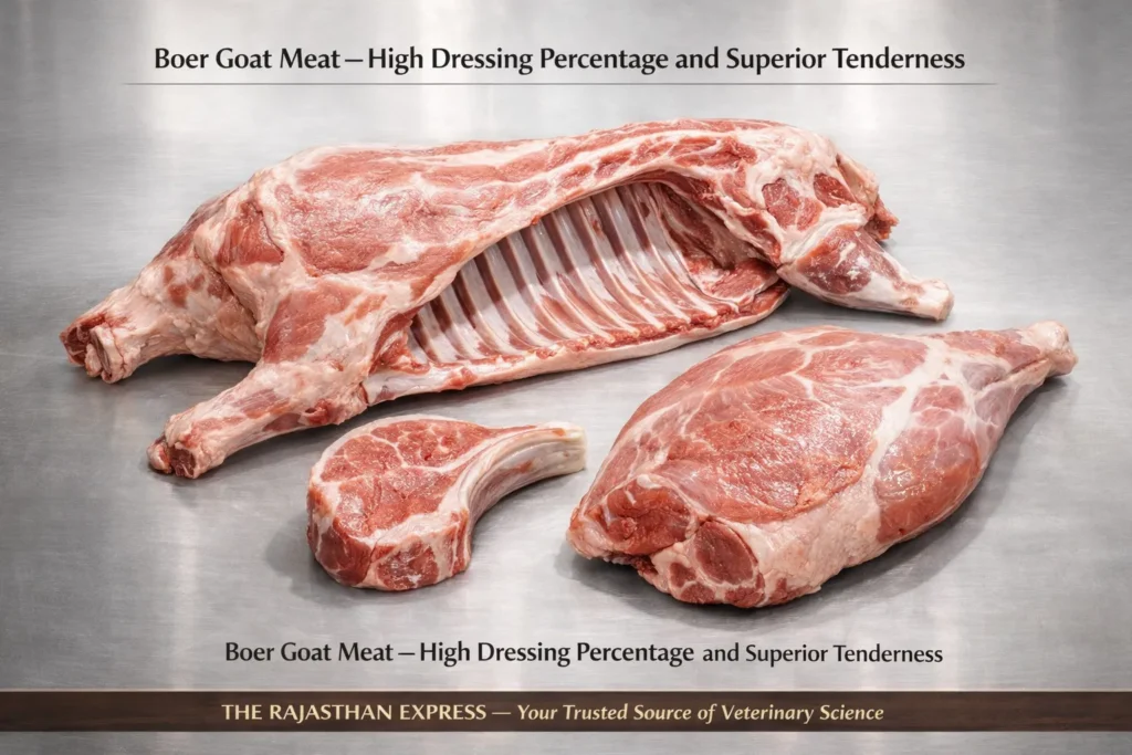 Boer goat meat quality showing high dressing percentage and superior tenderness characteristics of the world’s leading meat goat breed.