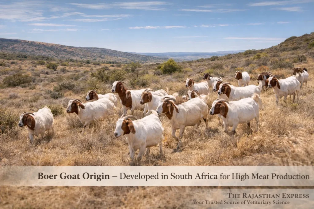 Boer goat origin infographic showing development in South Africa for high meat production with historical timeline and breed characteristics.