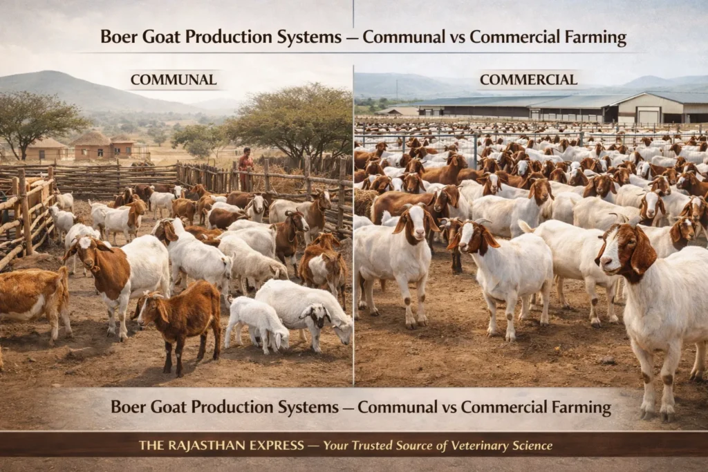 Comparison of Boer goat production systems showing communal traditional farming versus commercial intensive farming with management and output differences.