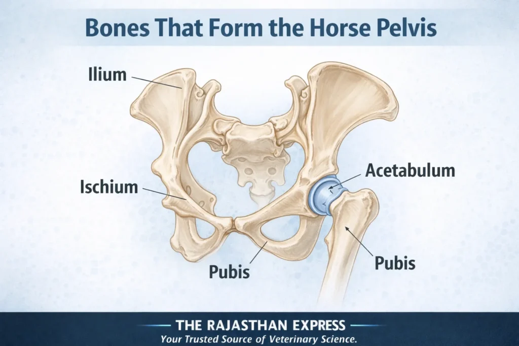 Diagram showing bones that form the horse pelvis including ilium, ischium, pubis, and acetabulum (socket of hip joint) with anatomical labels.