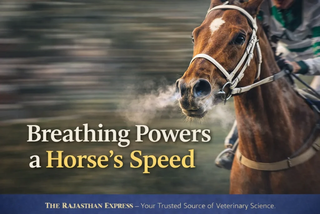 Breathing powers a horse's speed showing the connection between equine respiration and running performance with anatomical illustration of respiratory system.
