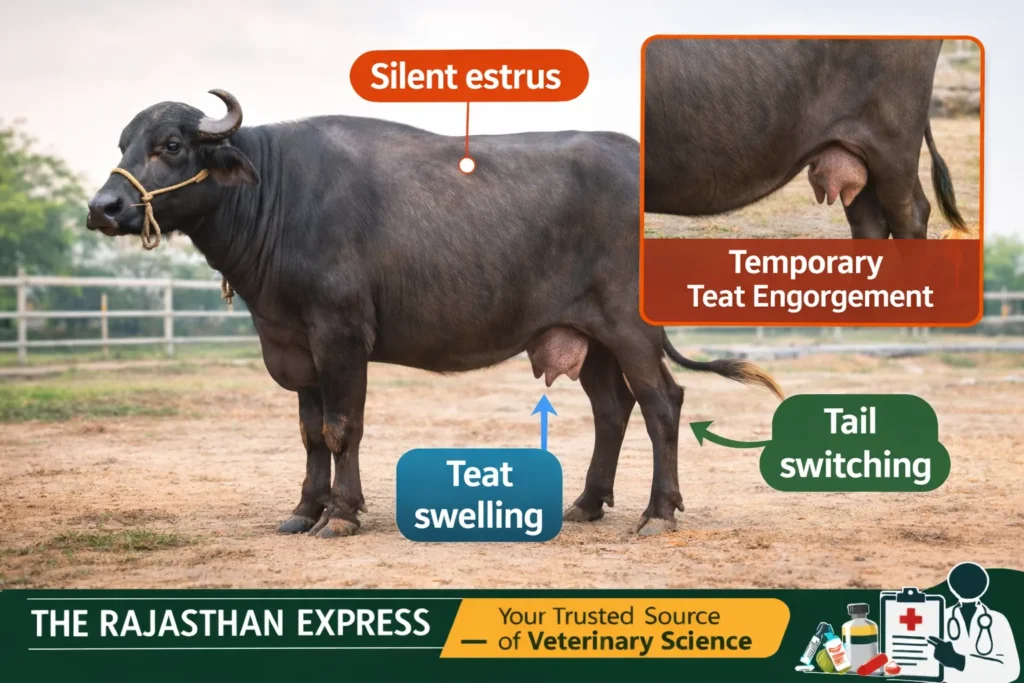 Buffalo silent heat explanation showing temporary teat engorgement, tail switching behavior, and teat swelling as signs of silent estrus in buffalo where behavioral heat signs are minimal.