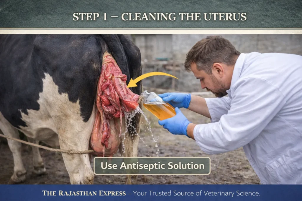 Cleaning prolapsed uterus before treatment in cattle showing Step 1 procedure with antiseptic solution application to remove debris and prevent infection.