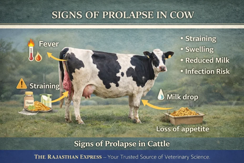 Clinical signs of prolapse in cattle showing symptoms: fever, straining, swelling, reduced milk production, infection risk, and loss of appetite in affected cows.