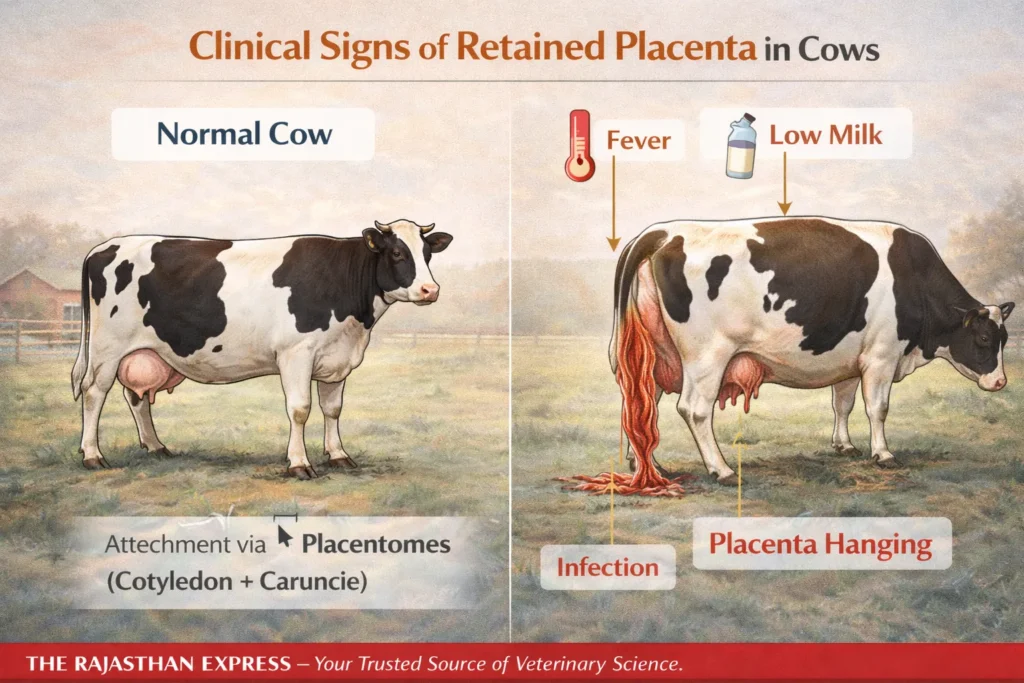 Clinical signs of retained placenta in cows showing comparison between normal cow and affected cow with fever, low milk production, placenta hanging from vulva, infection, and attachment via placentomes (cotyledon and caruncle).