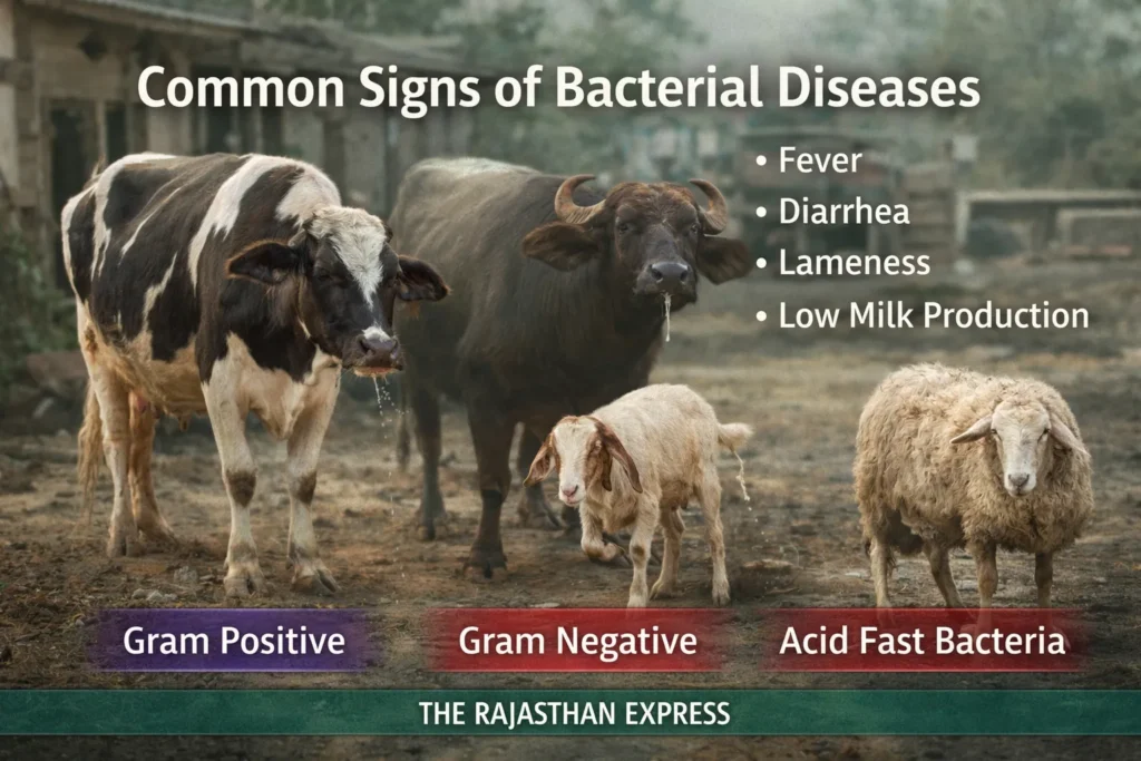 Common signs of bacterial diseases in livestock showing fever, diarrhea, lameness, and low milk production with classification of Gram-positive, Gram-negative, and Acid-Fast bacteria.