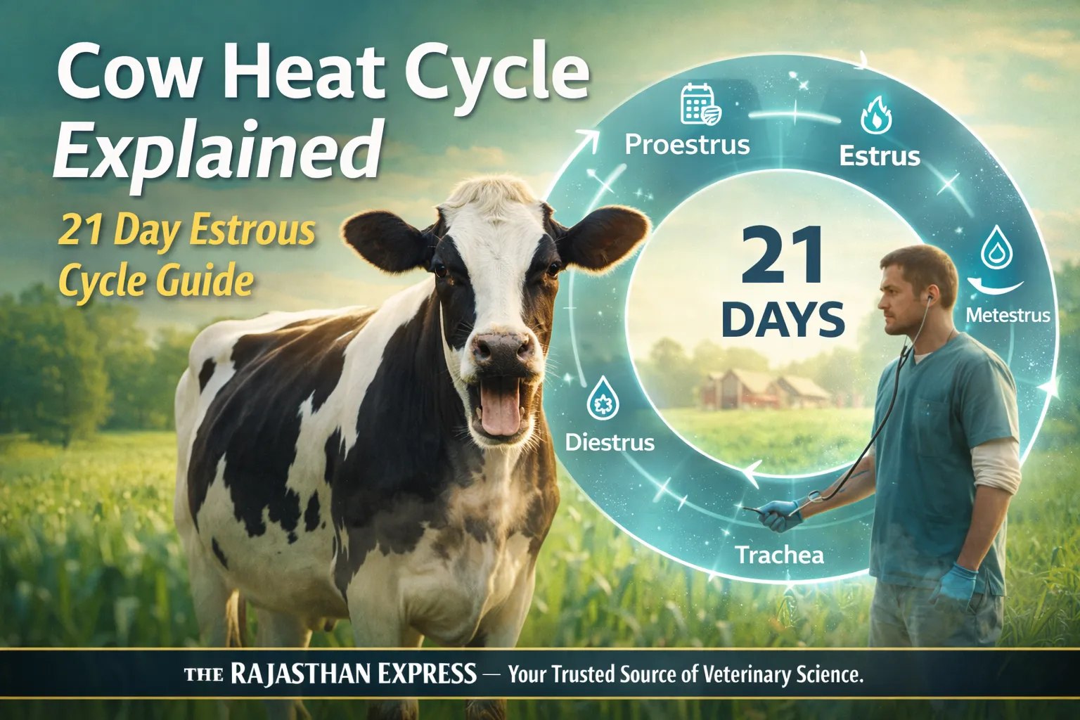 Cow heat cycle explained showing 21 day estrous cycle with proestrus, estrus, metestrus, and diestrus stages in sequential order from day 1 to 21.