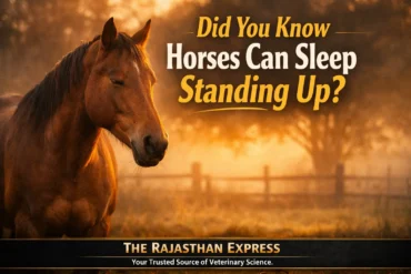 Did you know horses can sleep standing up? Educational graphic showing sleeping horse with explanation of stay apparatus mechanism for standing rest.