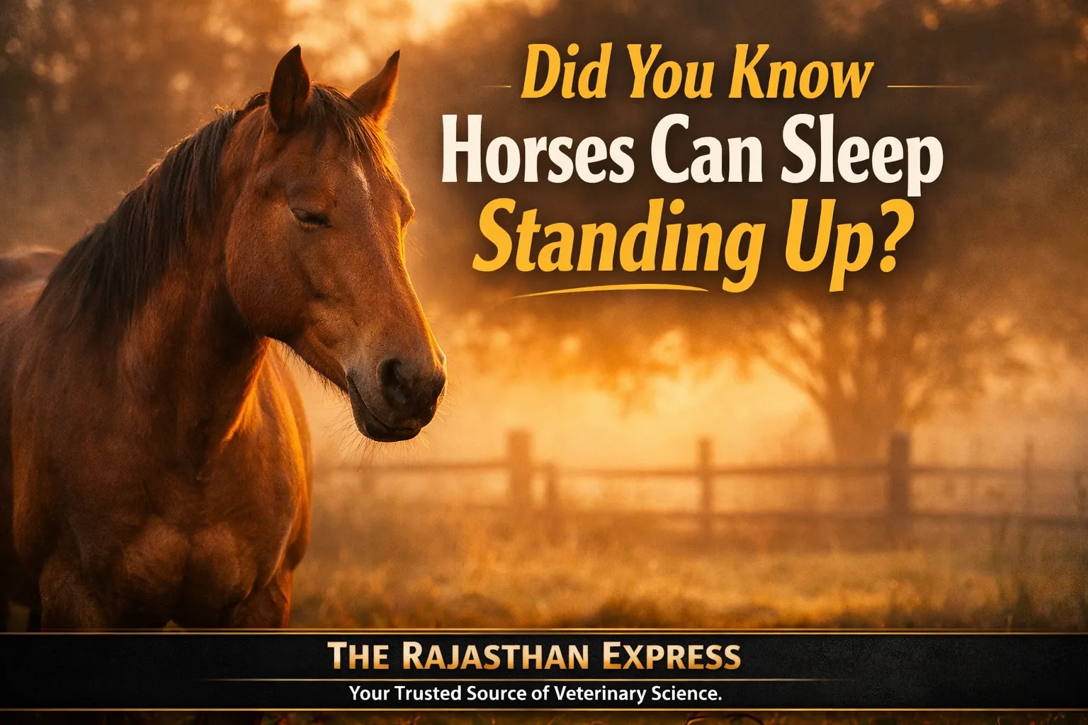 Did you know horses can sleep standing up? Educational graphic showing sleeping horse with explanation of stay apparatus mechanism for standing rest.