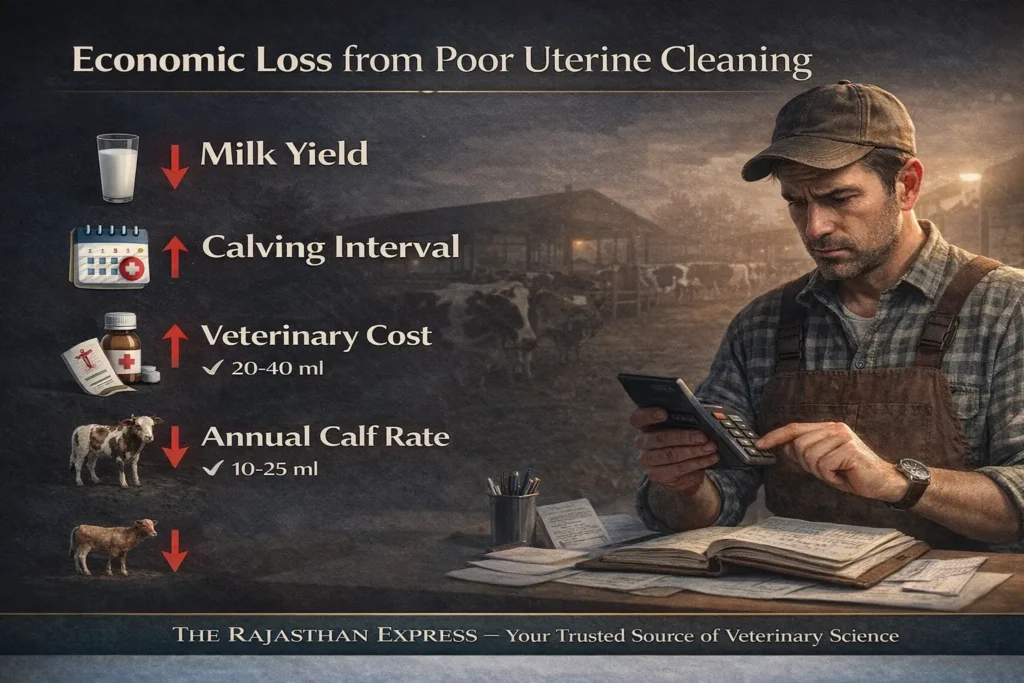 Economic loss infographic showing impact of poor uterine cleaning on milk yield (20-40% reduction), calving interval extension, veterinary costs increase, and annual calf rate decline in dairy cattle.