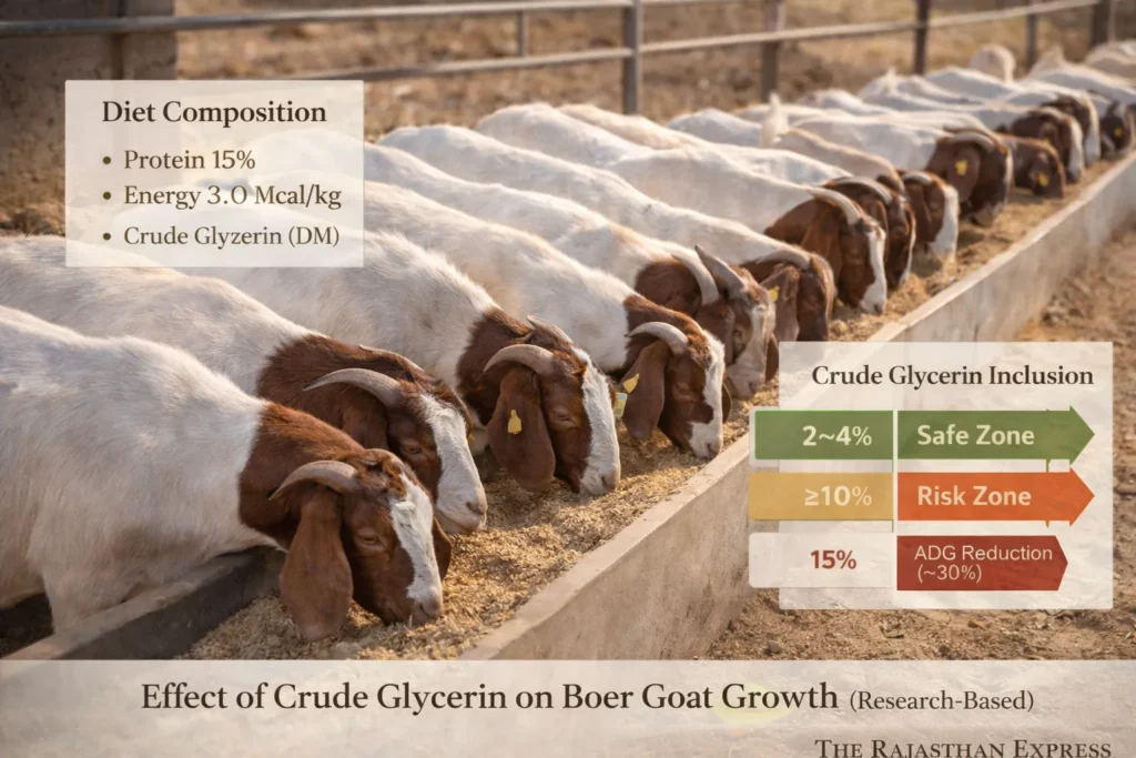 Effect of crude glycerin on Boer goat growth showing 2-4% safe zone, ≥10% risk zone with 15% average daily gain reduction based on research data.