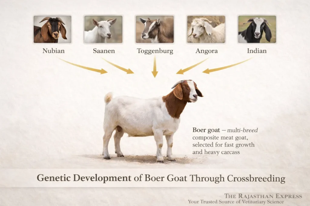 Genetic development of Boer goat showing crossbreeding of Nubian, Saanen, Toggenburg, Angora, and Indian goats to create multi-breed composite meat goat.