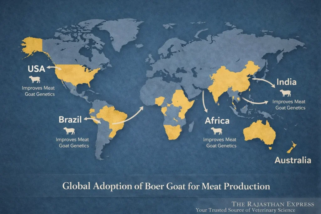 Global adoption map of Boer goat showing USA, India, Brazil, Australia, and Africa as major regions using the breed to improve meat goat genetics.