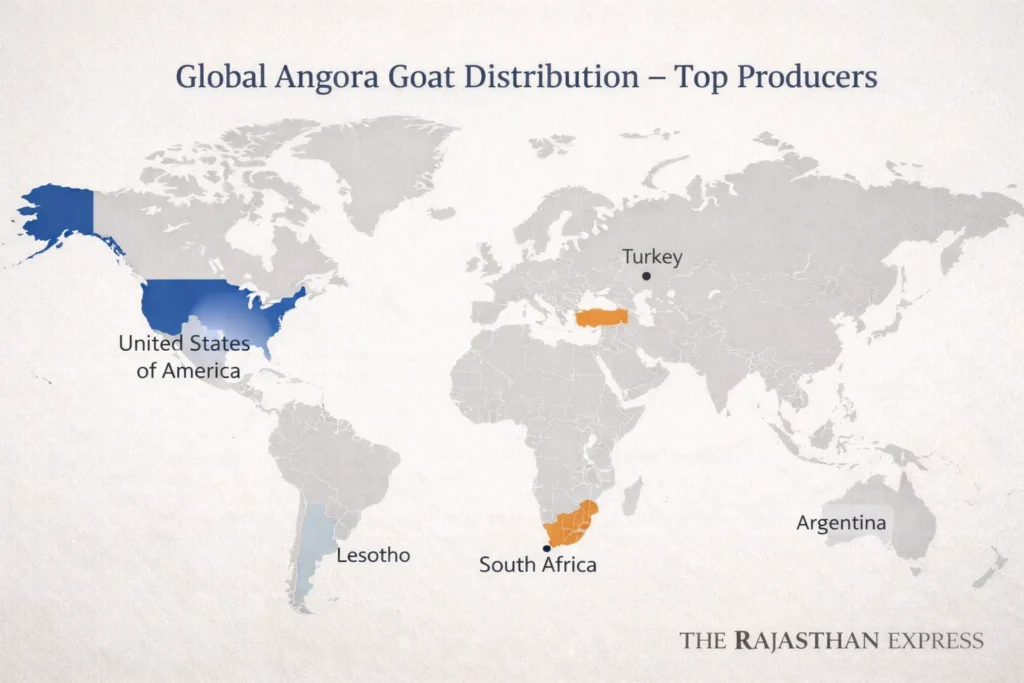 Global Angora goat distribution map highlighting top producing countries: Turkey, United States of America, Argentina, Lesotho, and South Africa.
