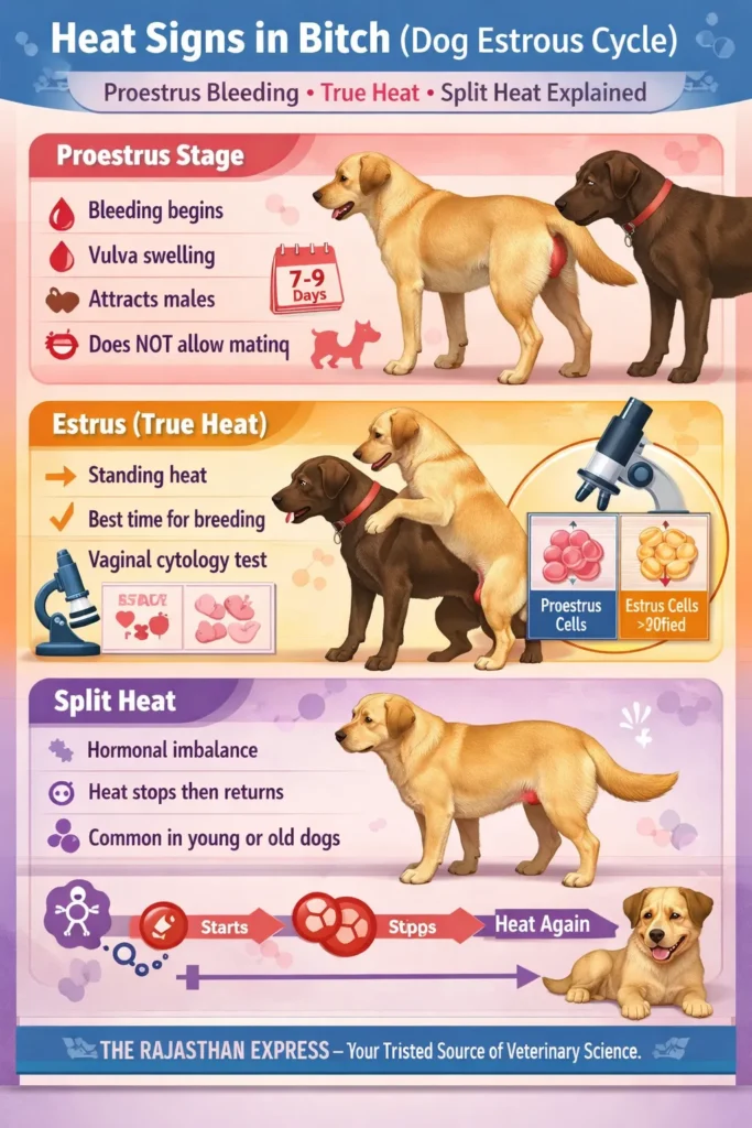 Heat signs in bitch showing proestrus stage with bleeding begins and vulva swelling, estrus stage as true heat and best breeding time, and split heat pattern where heat stops then returns.