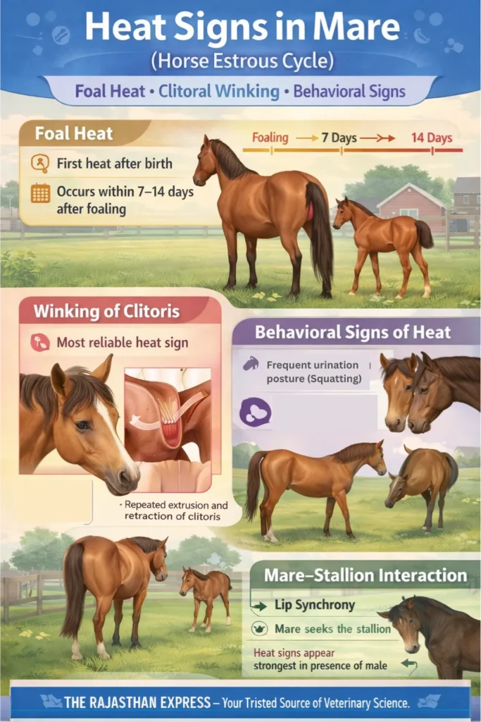 Heat signs in mare showing foal heat timing at 7-14 days after foaling, clitoral winking as most reliable sign, squatting posture for urination, and mare-stallion interaction with lip synchrony.