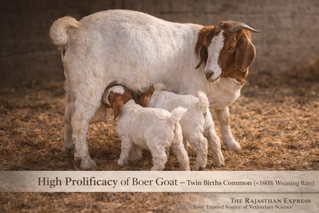 High prolificacy of Boer goat showing twin births common with weaning rate greater than 160% for superior reproductive performance.
