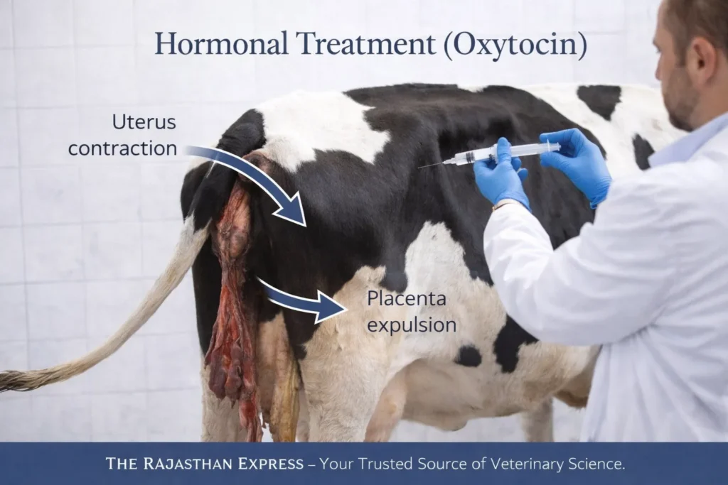 Hormonal treatment with oxytocin for retained placenta showing mechanism of action: uterus contraction leading to placenta expulsion in cows after calving.