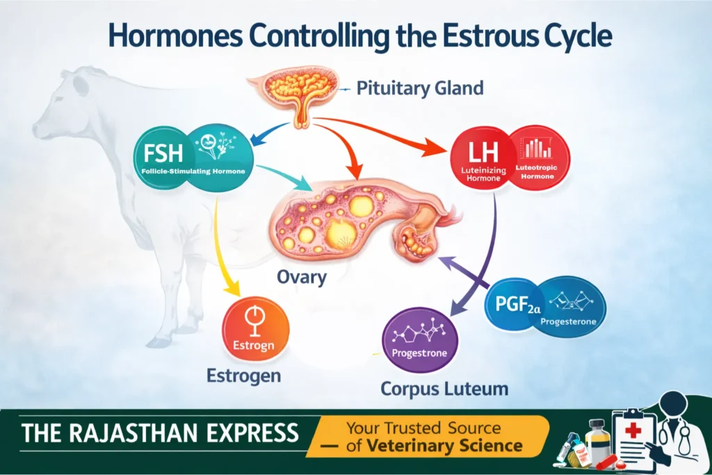 Diagram showing hormones controlling estrous cycle: pituitary gland releases FSH and LH, ovary produces estrogen and progesterone, corpus luteum produces progesterone, and uterus produces PGF2α.