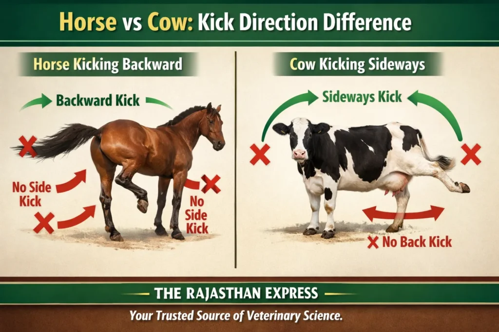 Comparison of horse vs cow kick direction showing horse kicking backward (no side kick) and cow kicking sideways, demonstrating anatomical differences in hip joint structure.