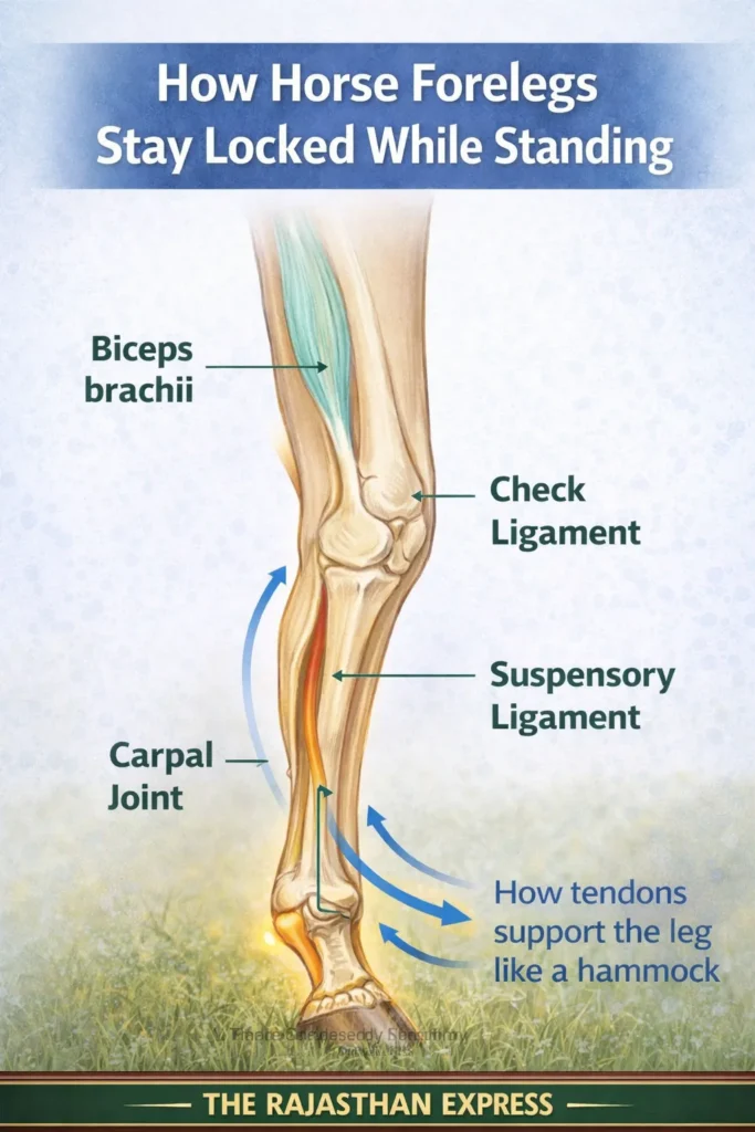 Anatomical illustration showing how horse forelegs stay locked while standing with biceps brachii, check ligament, suspensory ligament, and carpal joint supporting the leg like a hammock.